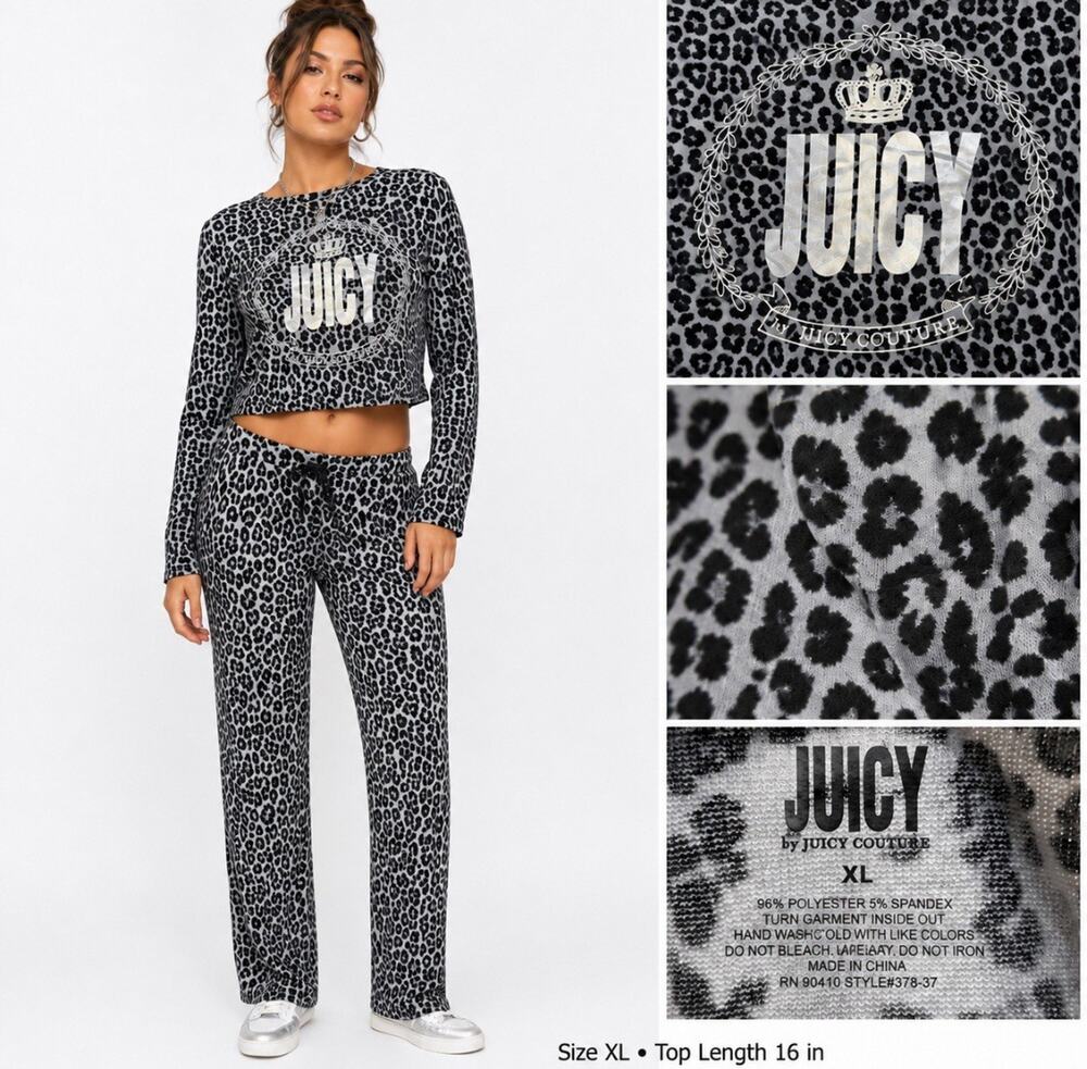 NWT Cozy Y2K Indie Sleaze Juicy Couture Leopard Print Crop Top Jogger Set Sz XL